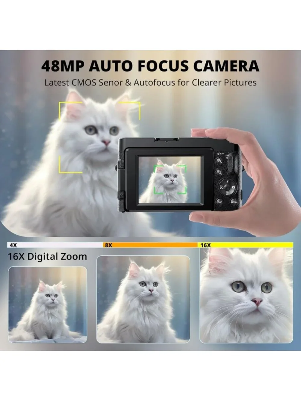 48MP 4K Digital Camera for Vlogging & Photography, 180° Flip Screen, Compact